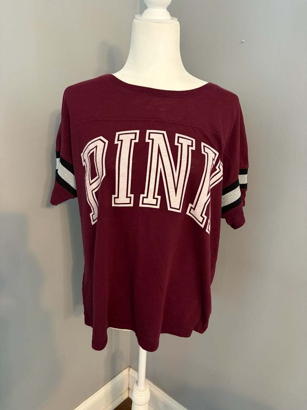 Victoria's Secret PINK Maroon Varsity Shimmer Short Sleeve T-Shirt Size L